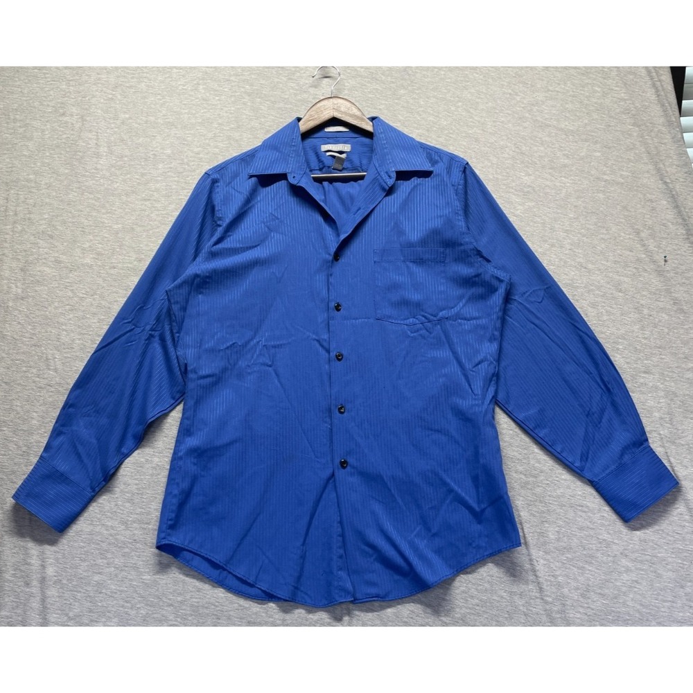 Van Heusen Fitted Dress Shirt Mens 15.5 Royal Blue Satin Pinstripe Wrinkle Free